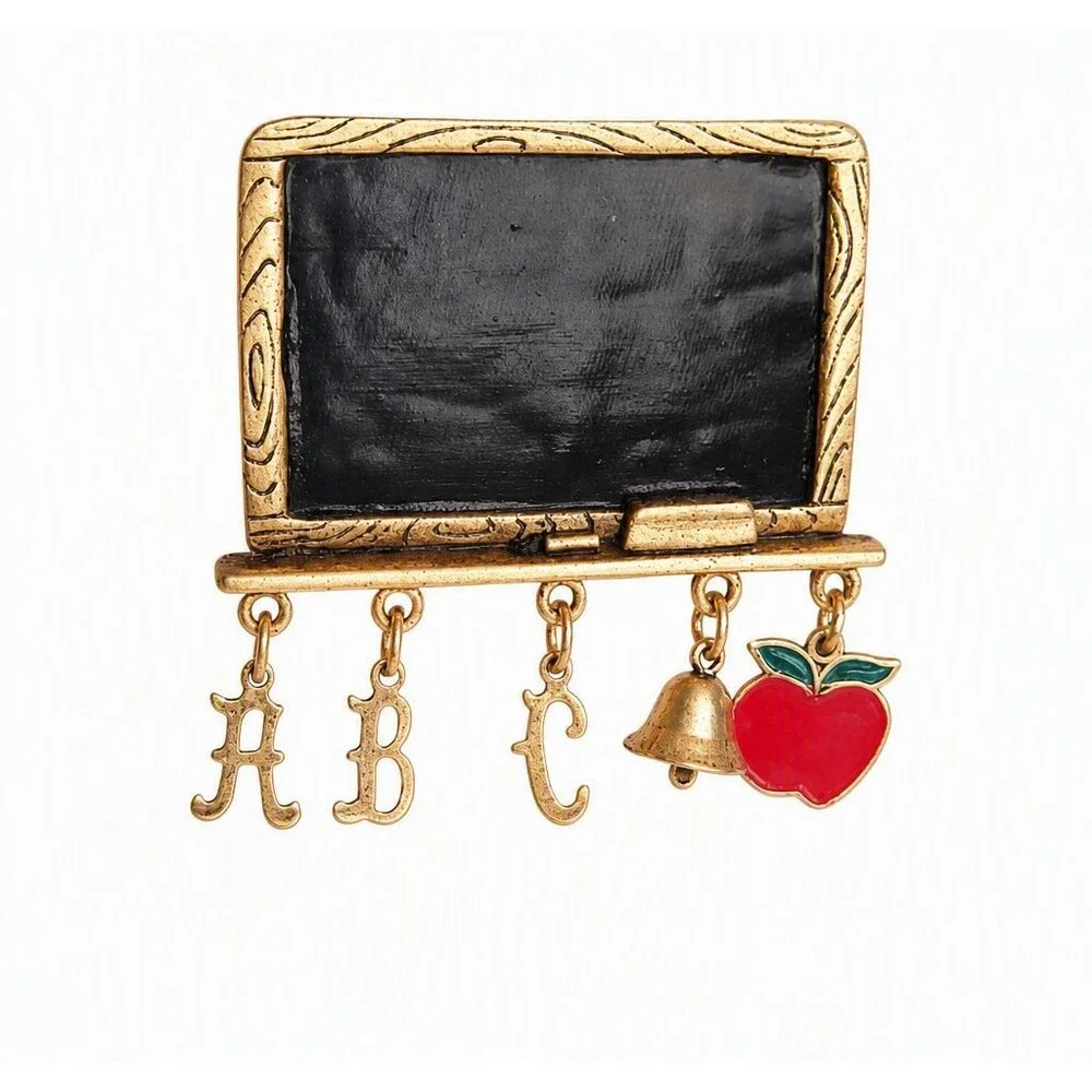 VTG Gold Tone Metal Enamel Teacher School ABC Apple Bell Chalk Eraser Brooch